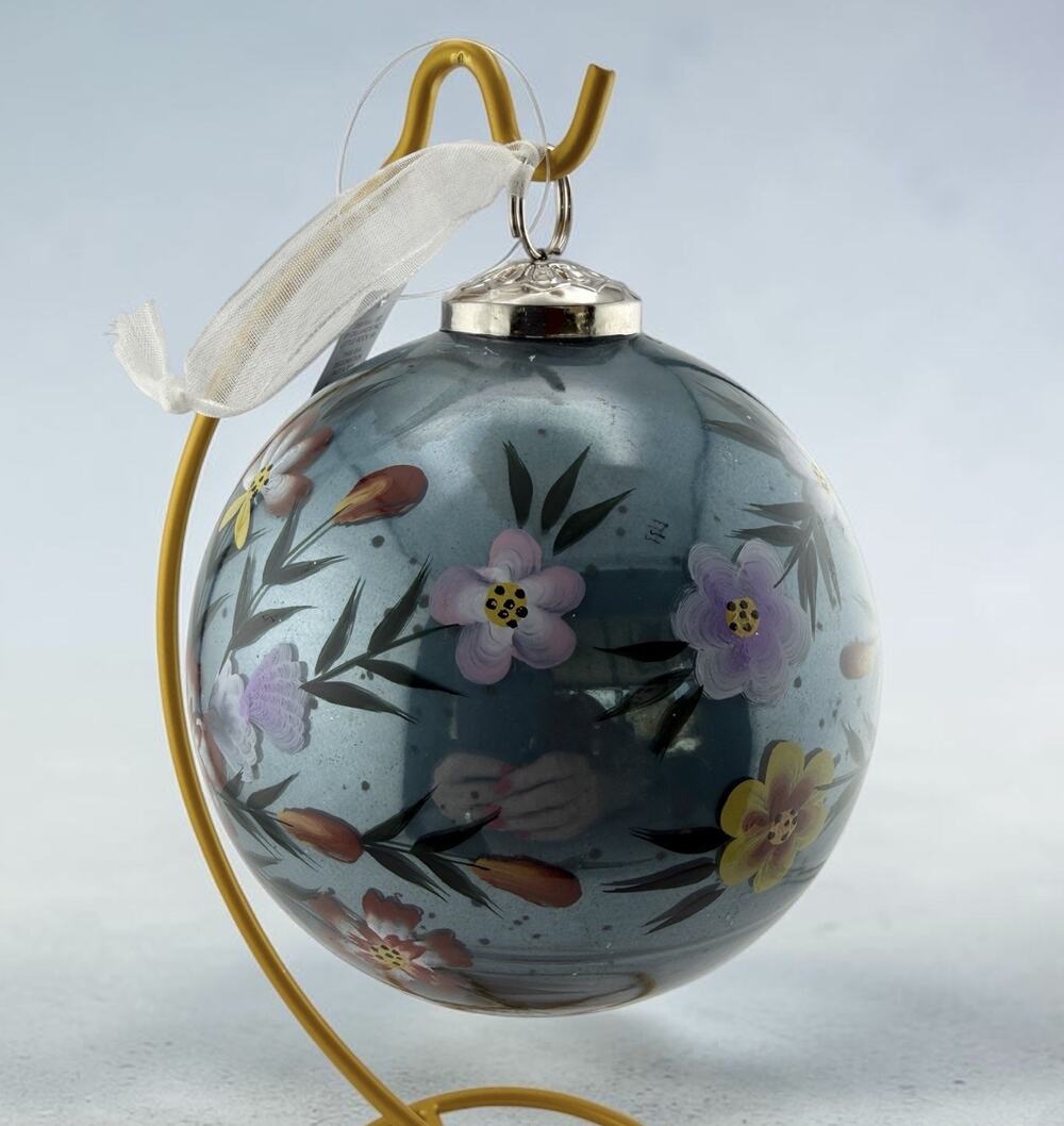 Large Glass Hand Painted Floral Ornament NWT 5" from Dillards Silver Top
